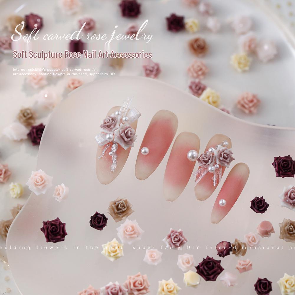 3D Soft Rose Nail Art Jewelry: Exquisite Light Pink Flower Resin Carvings