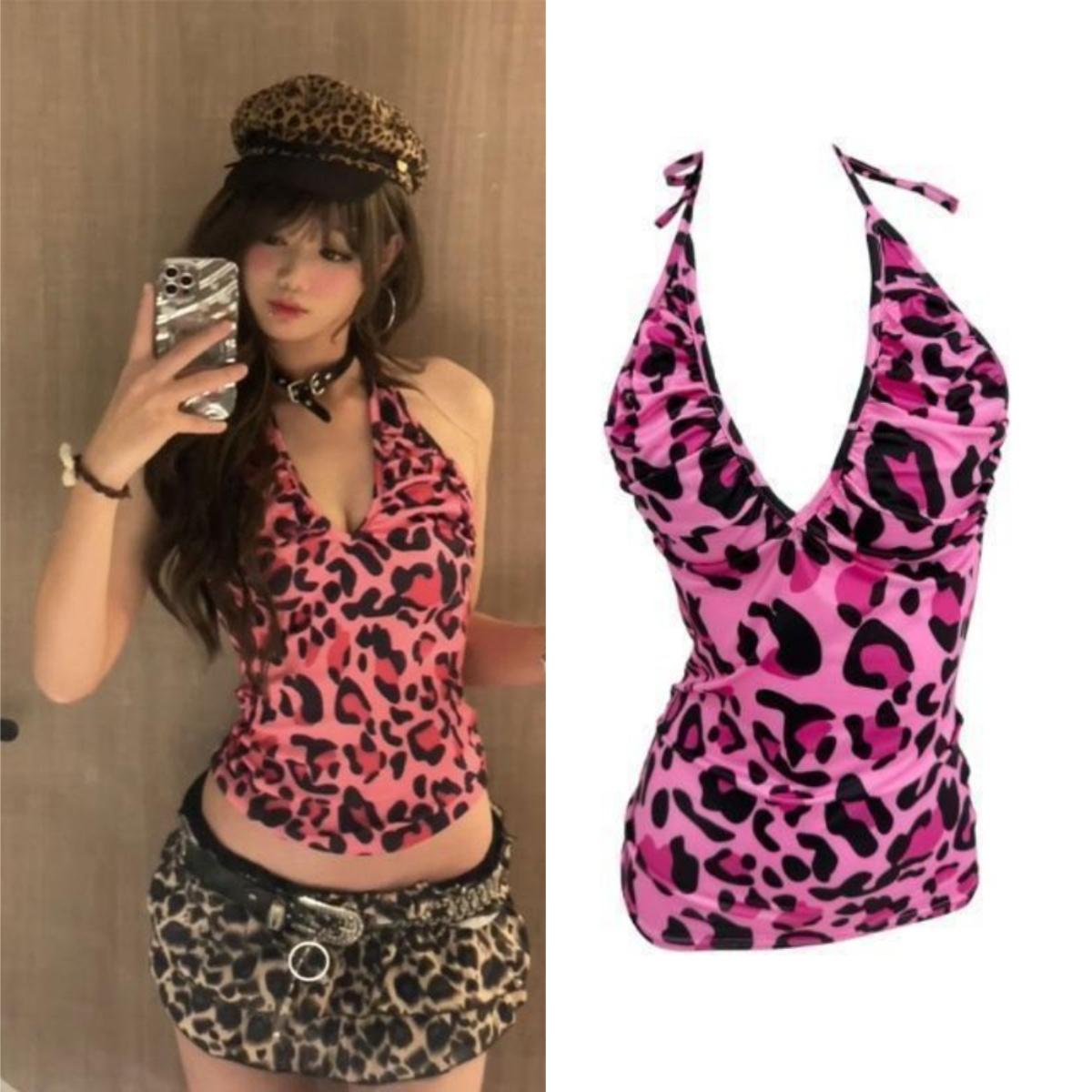 Американский ретро топ с леопардовым принтом, топ-бандо на бретельках, облегающий, без рукавов, с завязками сзади, женский топ-ками, эстетика Y2K, уличный стиль S розовый