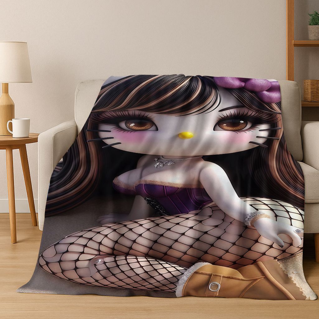 3D Sexy Hello Kitty Cat Girls Cartoon Flannel Blanket,Warm and Cozy Soft Throw Blanket for Home Bedroom Bed Sofa Picnic Cover