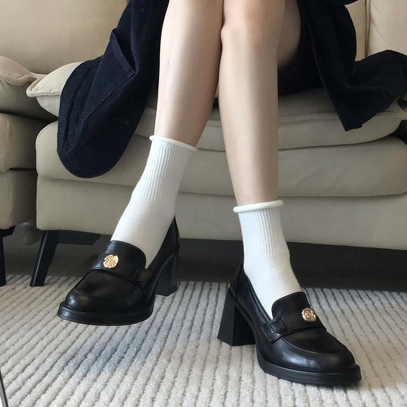Camellia loafers women's French thick heel black high heel British small leather shoes