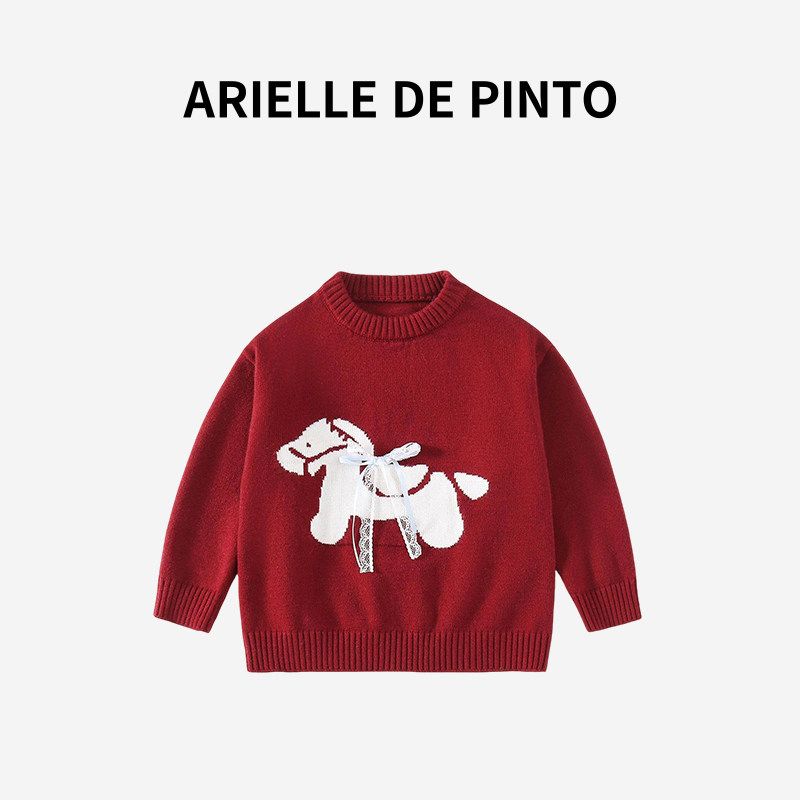 French Arielle De Pinto Girls' Winter Sweater, Red New Year's Greeting Knitwear for the Year of the Horse