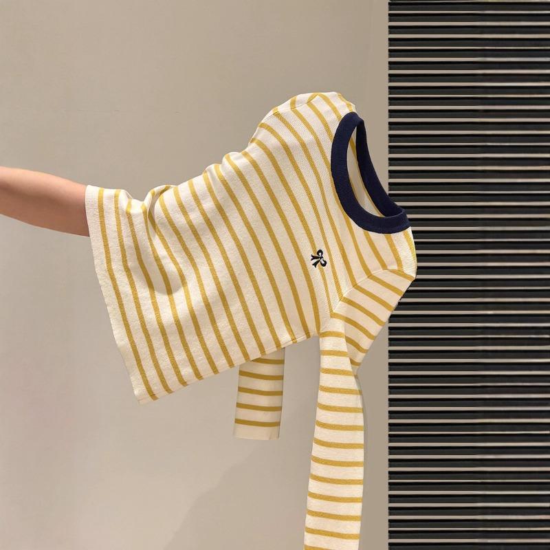 Contrasting Striped Bow Long-sleeved Knitted Sweater Women's Autumn New Slim-fit Bottoming Shirt with Top Inside