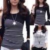 Mode Print Rayures Printemps Femmes T-shirt Manches Longues Col Rond Coupe Slim Top
