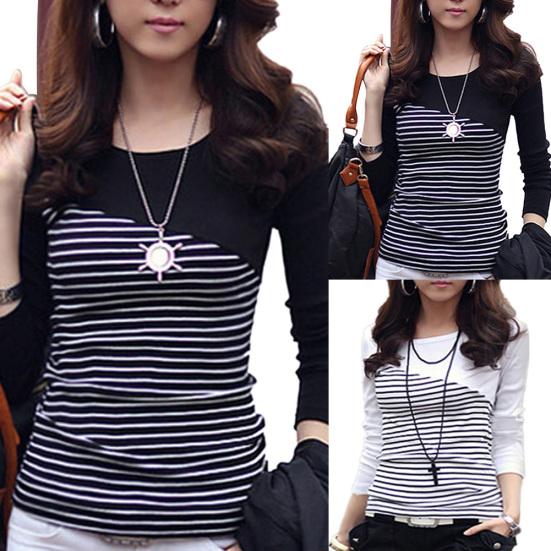 Mode Print Rayures Printemps Femmes T-shirt Manches Longues Col Rond Coupe Slim Top