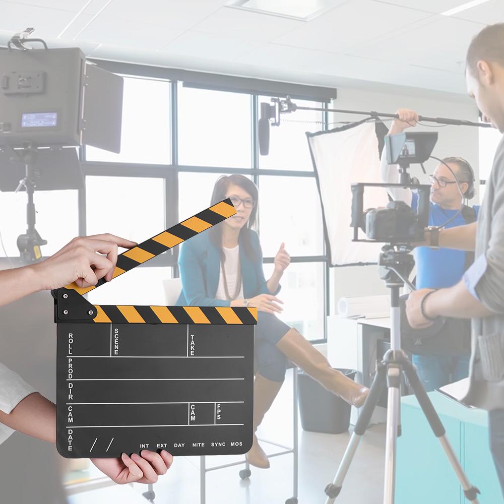

Dry Erase Acrylic Director Film Clapboard Movie TV Cut Action Scene Clapper Board Slate with Yellow Black Stick, Black