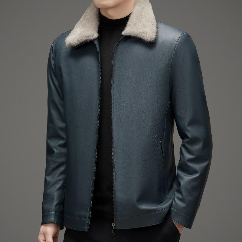 Кожаная куртка с воротником из натурального меха — фото 4