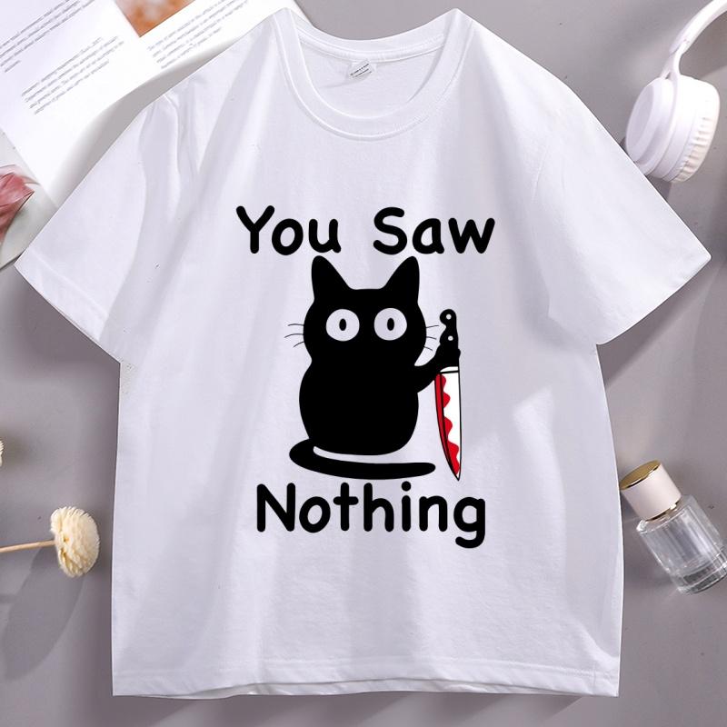 You Saw Nothing T Shirt Spooky Cat Halloween TShirt Funny Graphic Tees Short Sleeve Round Neck Printed Graphic Tees