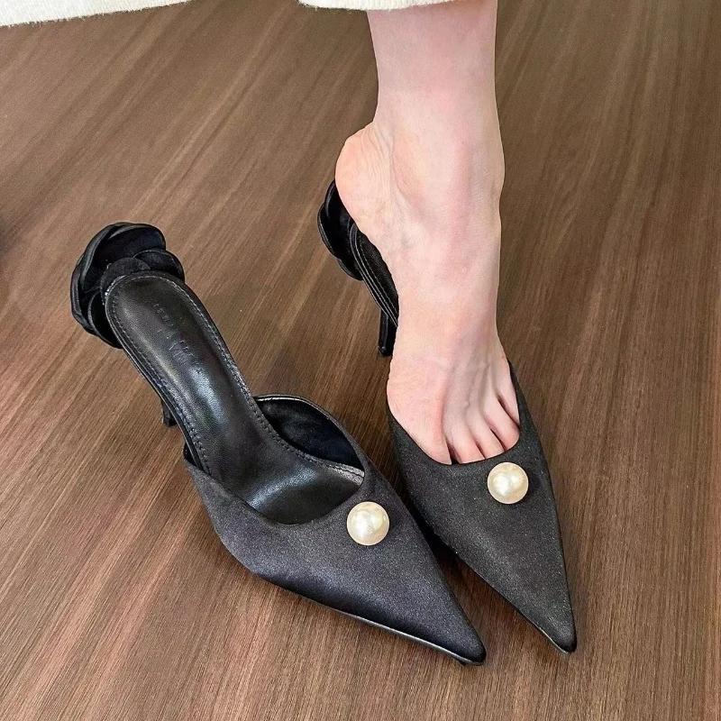 Autumn New Baotou Slippers Women's Fashion Pointed Shallow Mouth Pearl Anti-slip Wear-resistant High Heels