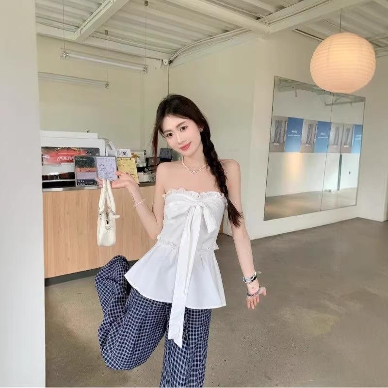 Sweet Wind White Bow Strap Tube Top Women's Summer French Ruffle Edge Chic Waist Slim Top