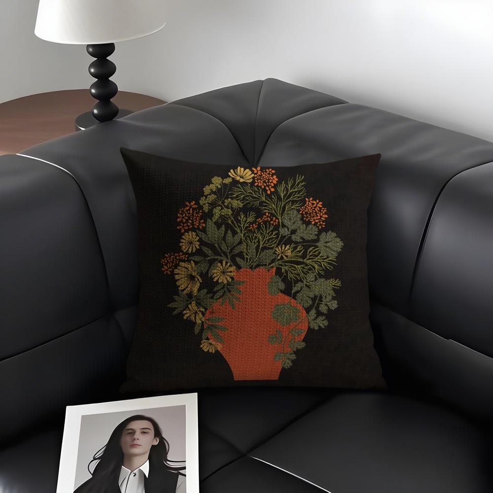 1PC Classic Vintage Vase Cushion Cover Natural Linen Organic Fabric DoubleSided Printing Sofa Home Decor Gift Pillow Case