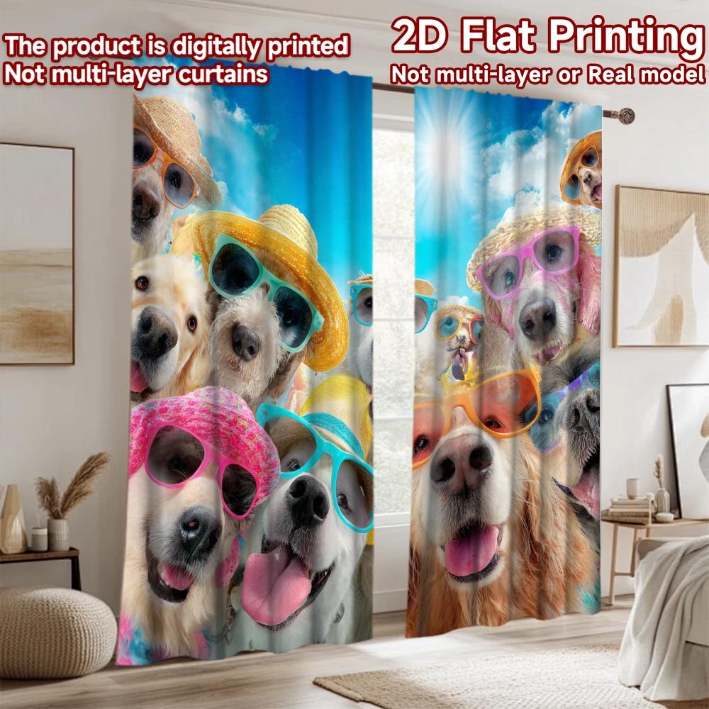 2D plattryck 2 st Fönstergardiner Hund Sommarlov Strandfest Digitaltryckta Polyestergardiner Semesterdekorationer för Ny