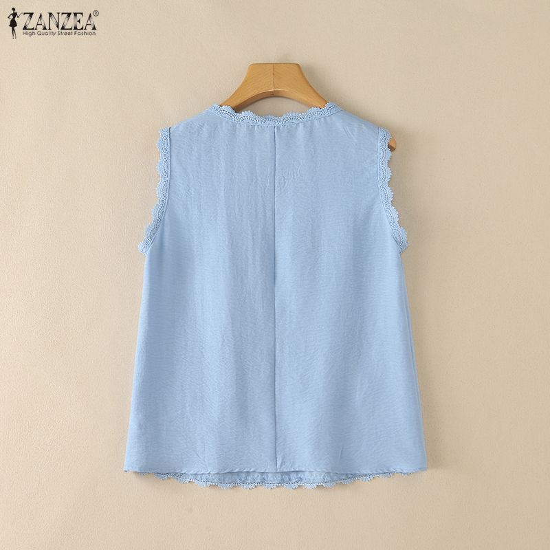 ZANZEA Women Lace Splice V-Neck Casual Sleeveless Tank Tops