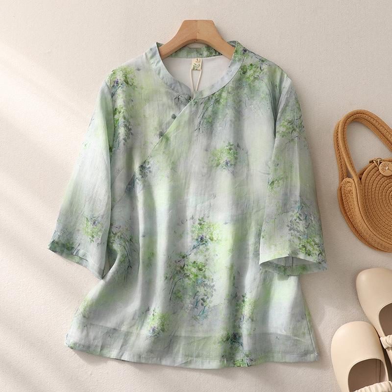 1116 new top Chinese style stand-up collar printed pullover retro Chinese zen cotton and linen shirt