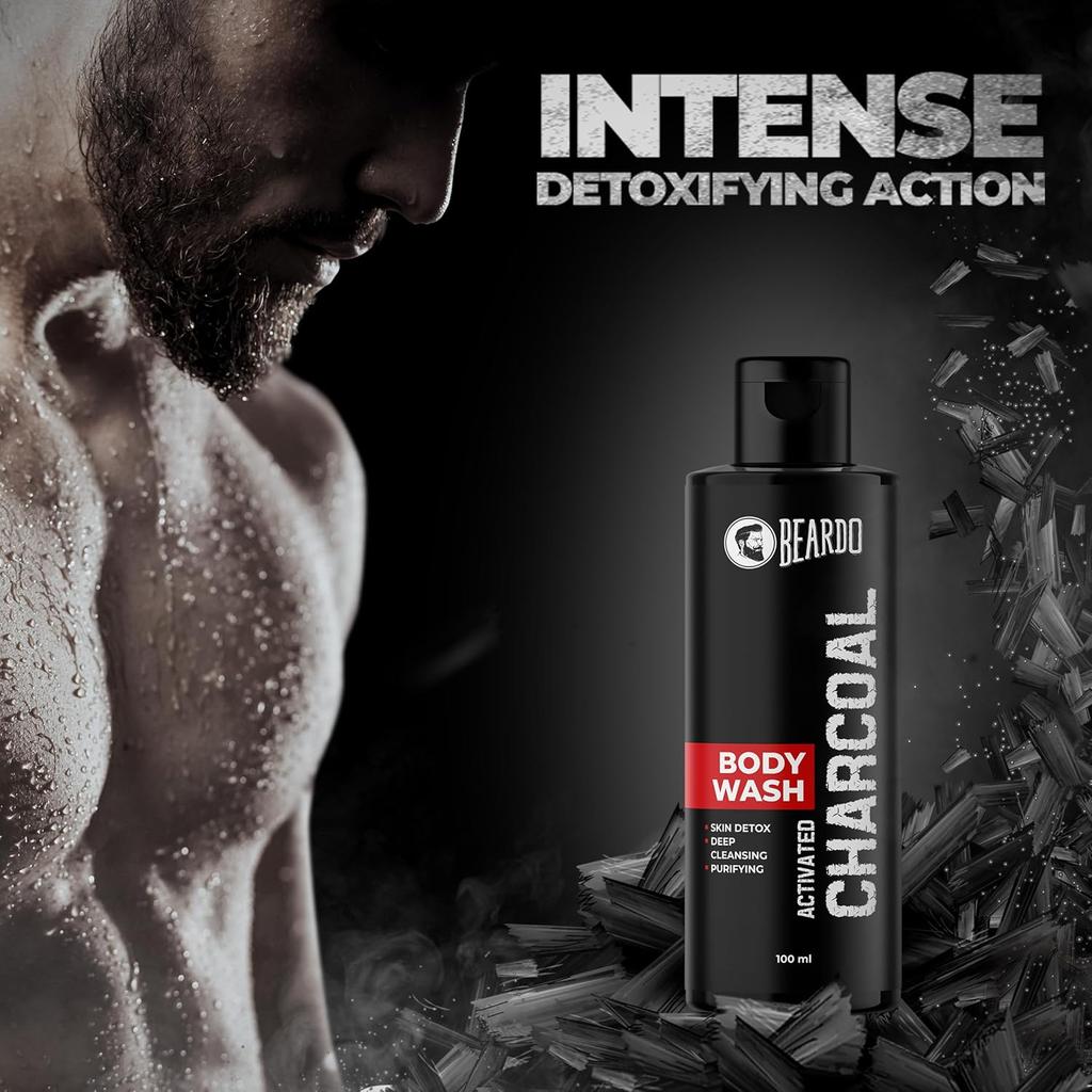 Beardo Activated Charcoal Body Wash100ml With Silicone Scrubber For Men Deep Cleaning Oil Control Daily Use Set 1