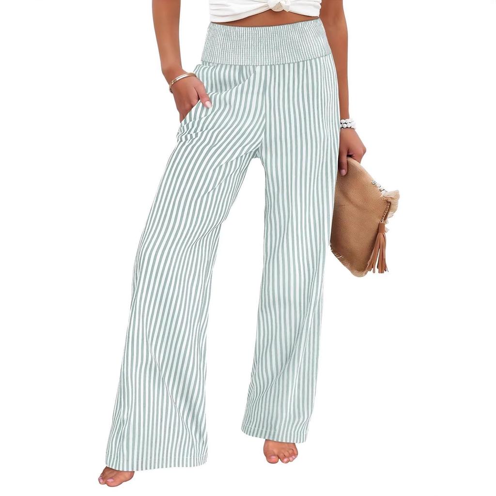 2026 Women's Loose Striped Smocked Cotton Linen Casual Pants