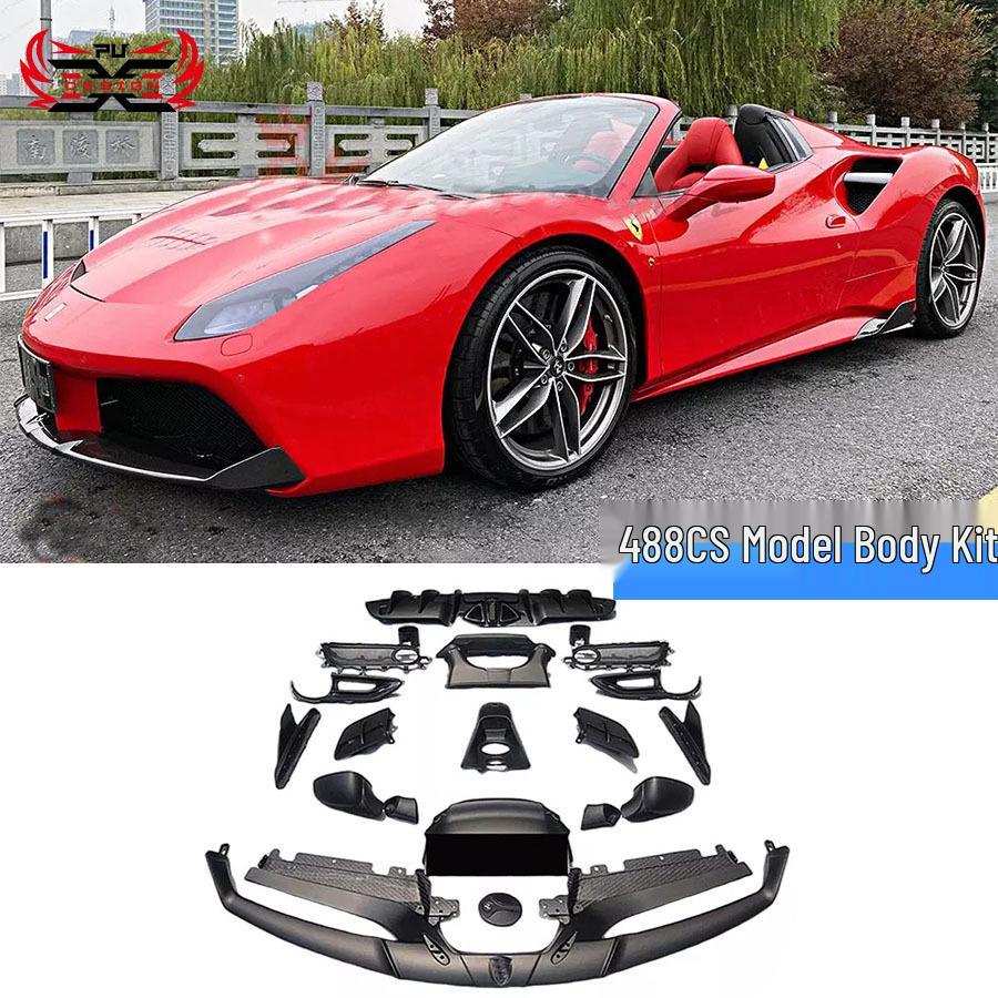 Compatible Ferrari 488 CS Style Carbon Fiber Body Kit: Front & Rear Lips, Side Skirts & Vents