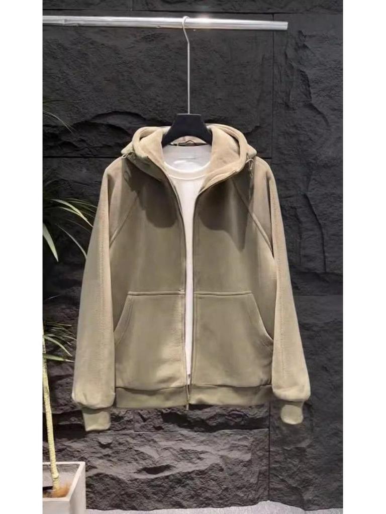 Men's Solid Color Hooded Fleece Cardigan - Thick, Loose Fit Zipper Jacket for Autumn and Winter.