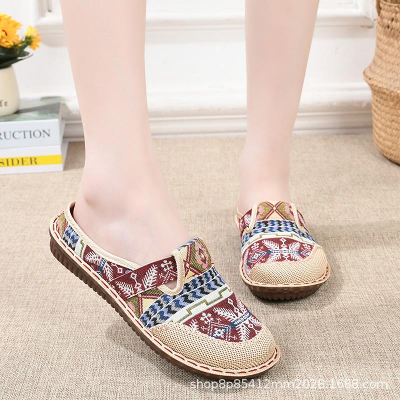 Womens Slip-On Flat Shoes With Rubber Sole Breathable Linen Upper Comfortable Non-Slip Casual Mom