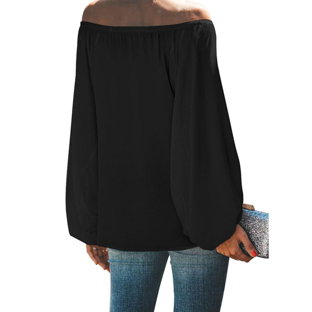 Women Off Shoulder Blouse Lantern Sleeve Long Sleeve Pullover Top Elastic Neckline Casual Shirt