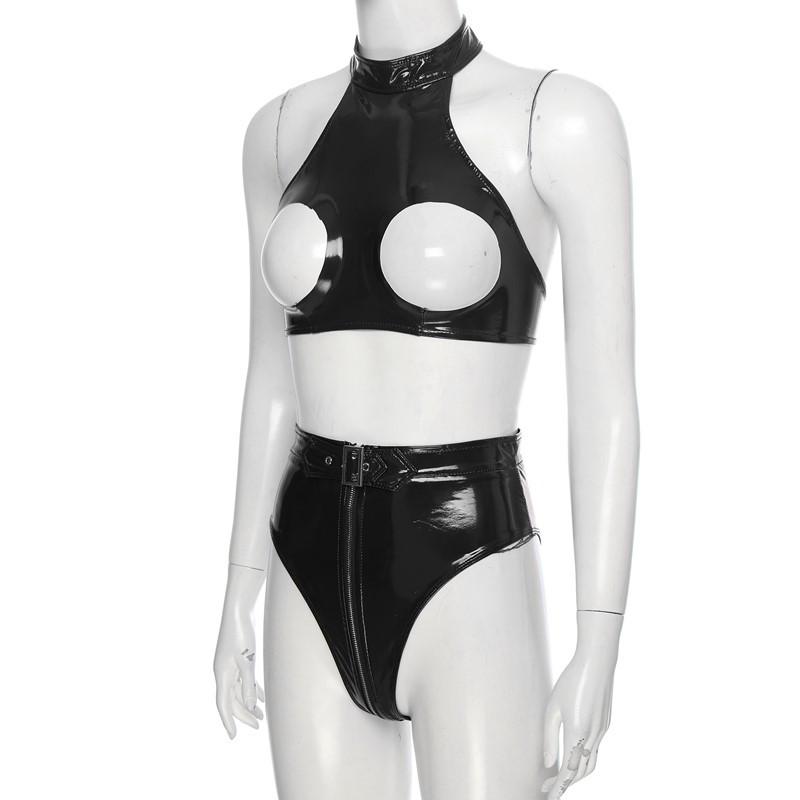 Womens Lingerie Wet Look Sleeveless Halter Open Bust Crop Top with High Cut Front Zipper Belt Briefs for Party Club