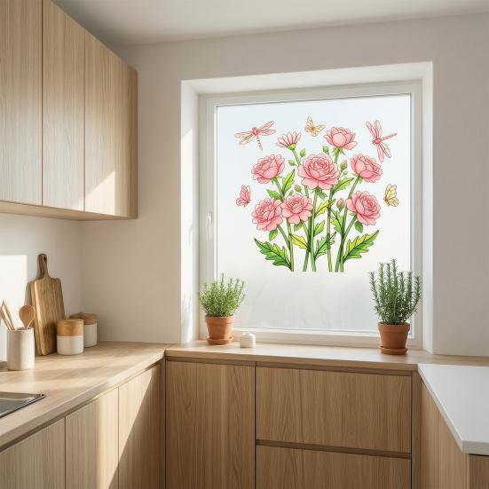 Static Glass Sticker, Soft Roses Decal with Dragonflies And Butterflies, No Glue Waterproof Sunproof Window Film for Bedroom Living Room Balcony