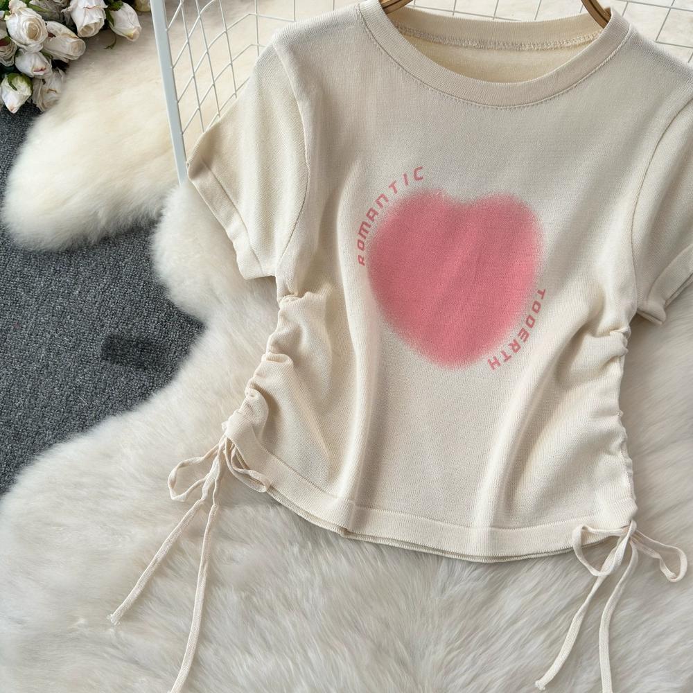 Summer New Heart Design Sweet Tops Spice Girl Round Neck Love Printing Drawstring T-shirt Casual Women Short Sleeve Fashion Blouse