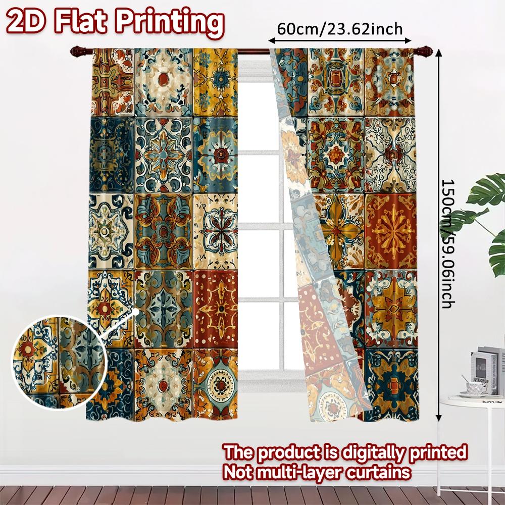 2pcs, 2D FLAT PRINTING Curtains (Without Rod) Mosaic Harmony Minimalist Holiday Curtains Versatile Durable Polyester Curtains