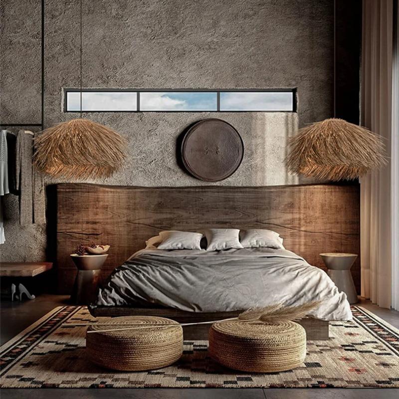 Hand Woven Rattan Hanging Lamp for Ceiling Shop Bar Grass Pendant Lights Living Room Chandelier Loft Room Decor Lustre LED