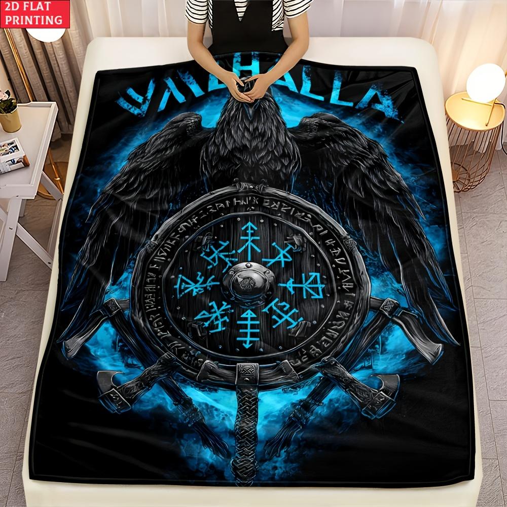 Viking Valhalla Raven Shield Flannel Throw Blanket Nordic Rune Axe Blue Smoke Print Warm Gift Blanket