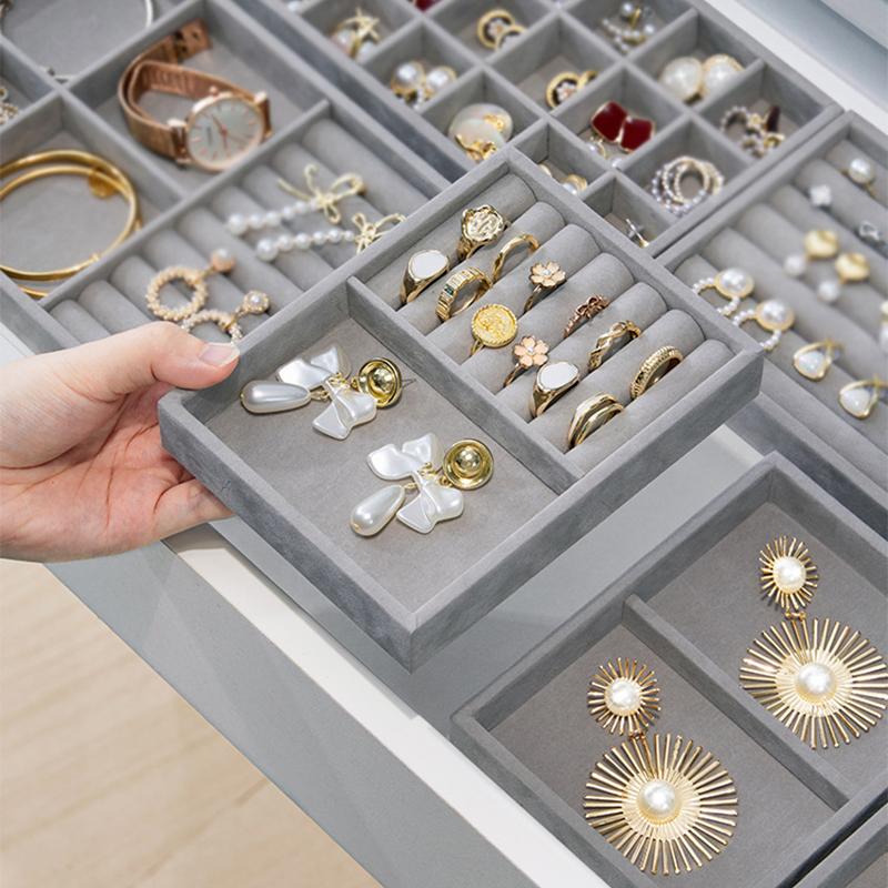 Velvet Jewelry Display Tray Case Stackable Exquisite Jewellery Holder Portable Ring Earrings Necklace Organizer Box S