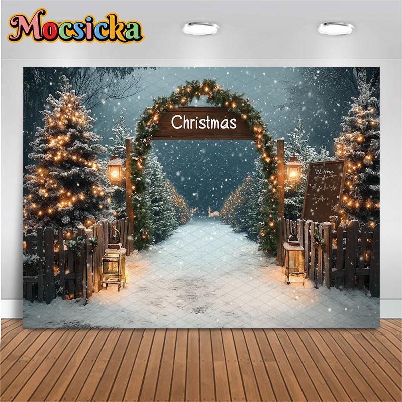 Mocsicka Christmas Background Photography Forest Tree Child Photo Backdrop Wallpaper Winter Snow Door Party Decorations Banner