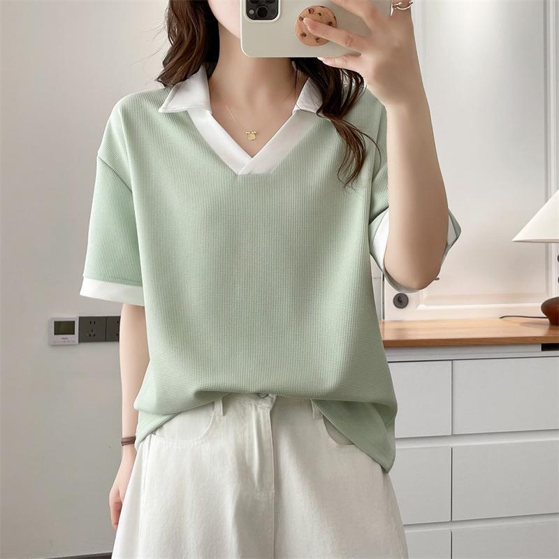 

Plus Size Women s Short Sleeve Color Block Polo Neck Casual Summer Top 2025 Pullover 2XL зелений