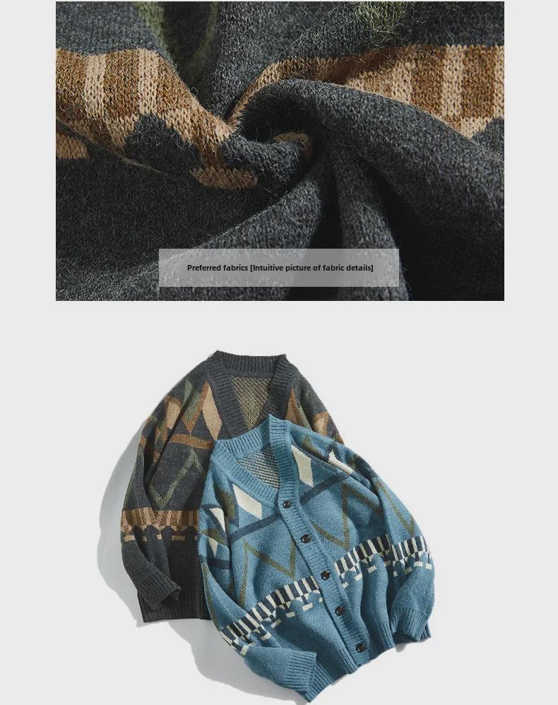 Herren Retro Japanischer V-Ausschnitt Kontrast Strick Cardigan - Frühling/Herbst Casual Loose Jacke Trend