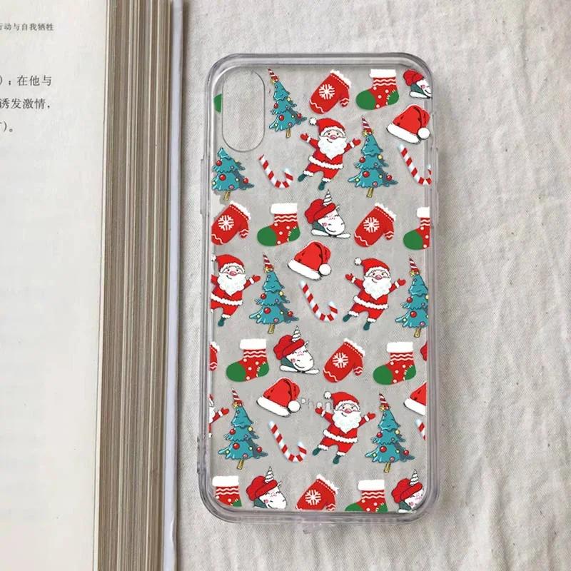 New Year Merry Christmas Phone Case For iPhone 16 15 14 13 12 11 Pro Max Mini 7 8 Plus SE Clear Coque Shell Cartoon Cover Fundas