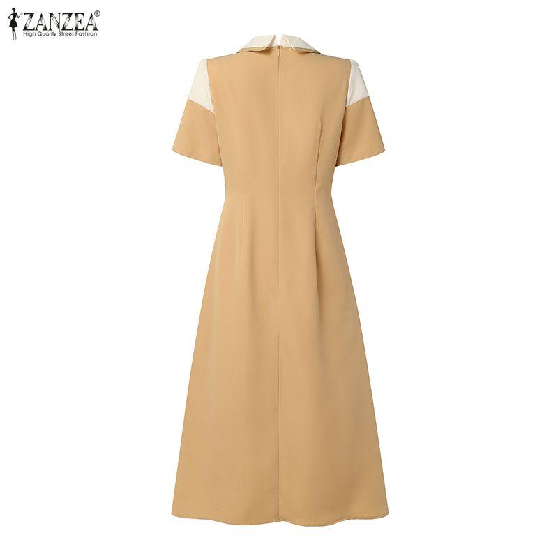 ZANZEA Women Patchwork Casual Turn Down Collar Elegant Short Sleeve Dress