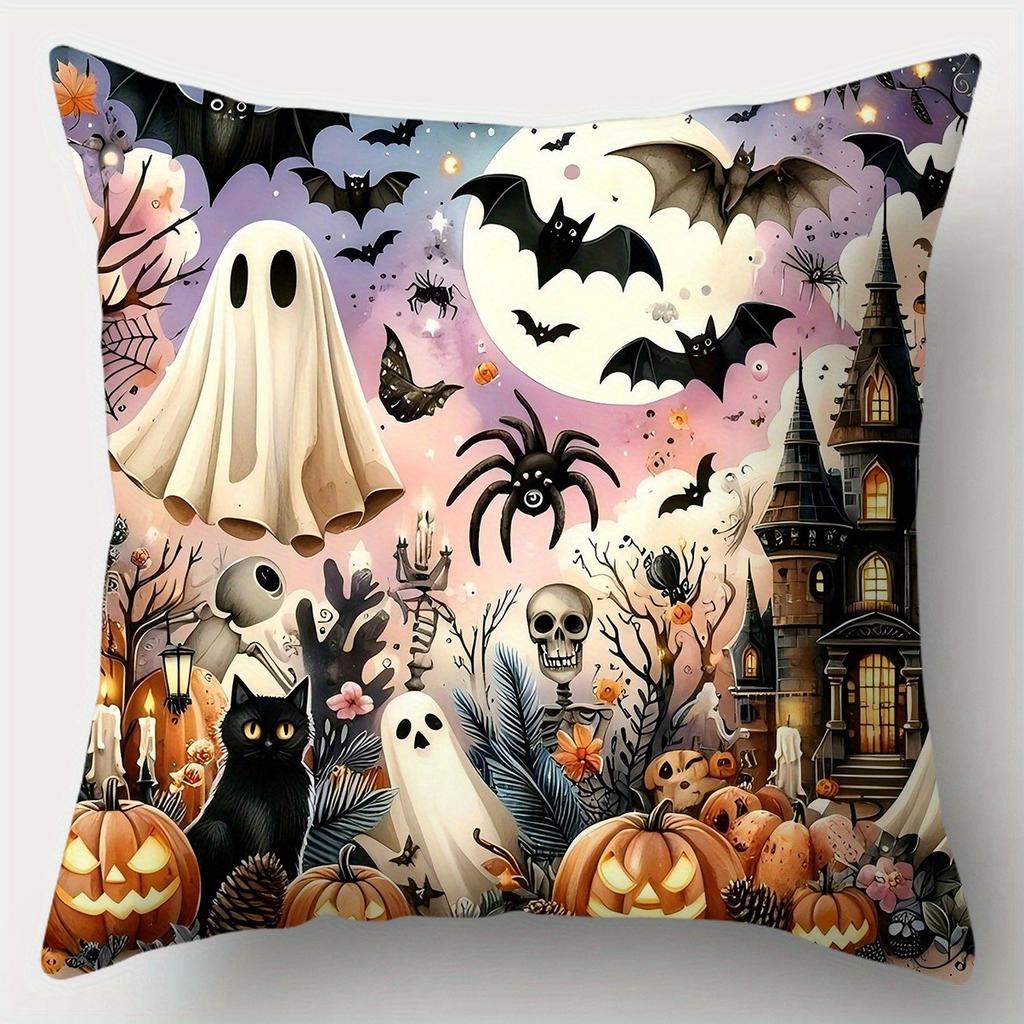 Home Decor Halloween Themed Ghosts, Cats And Pumpkins Pillows Pattern Cushion Cover Suitable For Sofa Bedroom Car
