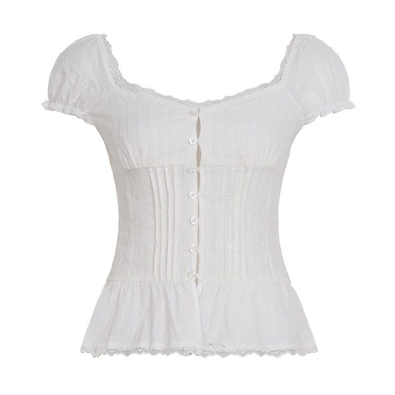 

Pure and Fresh Square-Neck Puff-Sleeve Shirt, New Summer Style, Stylish and Age-Reducing, Ruffled Waist-Cinching Short-Sleeve Top for Women White S