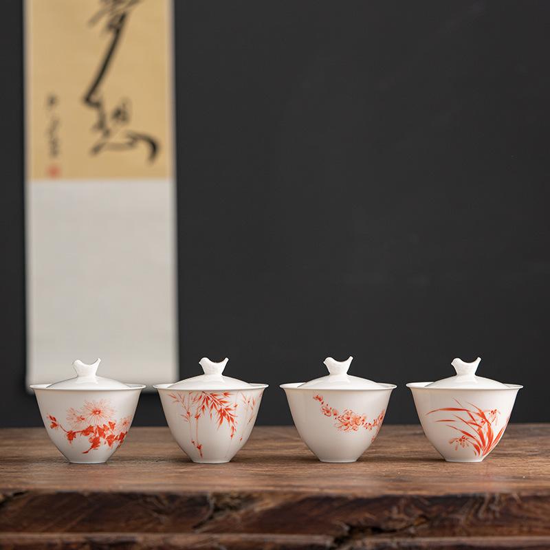 Bílý porcelánový šálek na čaj Sancai Keramický ručně malovaný Gaiwan Čínská miska na přípravu Kung Fu čaje Retro čajová souprava Terina Čajové nádobí