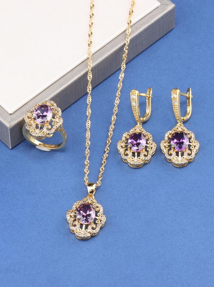 12-Colors Colorful Zircon Jewelry Accessories Gold Plated Bridal Wedding Sets Necklace And Earrings Ring For Women Gift