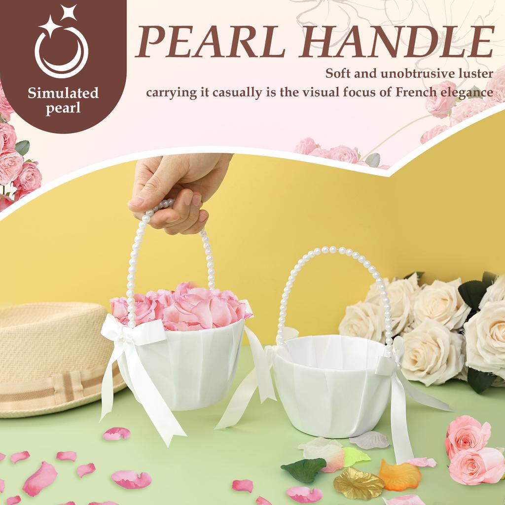 2Pcs Wedding Flower Girl Basket Bowknot Satin Western Rustic with Faux Pearl Handle For Bride/Kids Wedding Ceremony Decorations