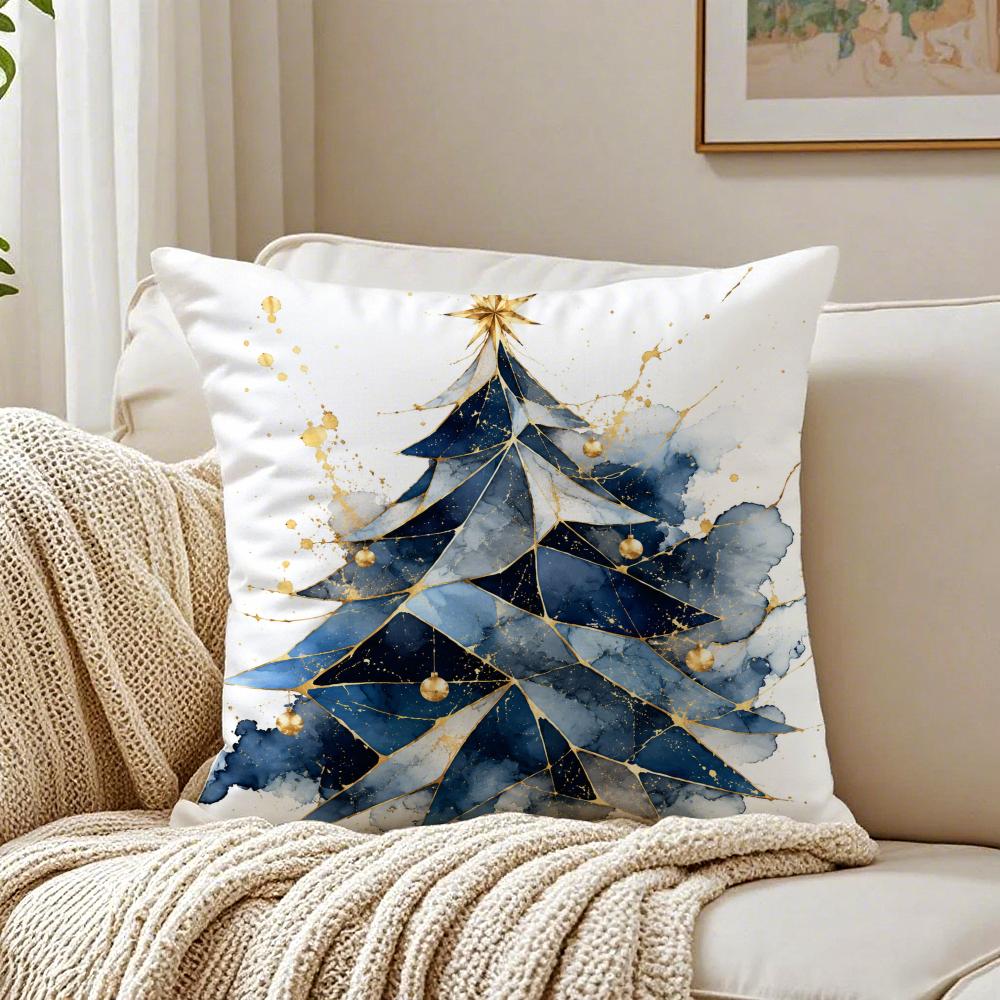 Blue Stars Pine Christmas Tree Cushion Cover Organic Short Plush Pillow Case Machine Washable Wrinkle-Resistant Soft Durable