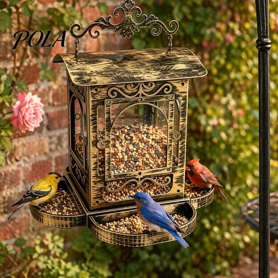 Outdoor Bird Feeder Retro Metal Feeder, Hanging with Transparent Acrylic Large Opening Panels, Decorative Garden for Backyard Wild Birds European