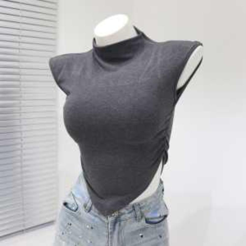 Top da donna magenta a collo alto senza maniche con spacco laterale, corto, aderente, casual, camicetta