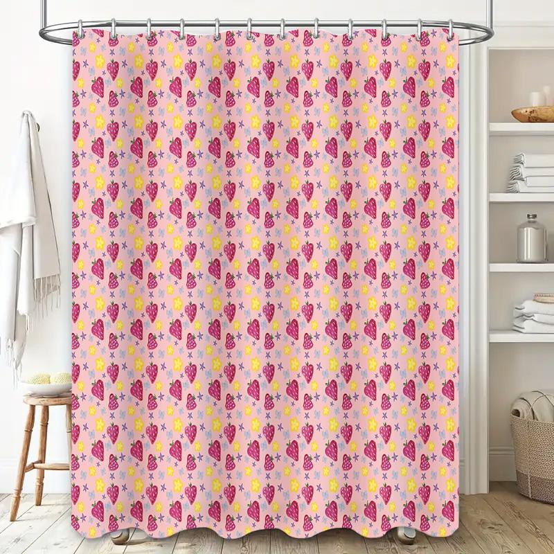 Cute Pink Strawberry Floral Shower Curtain Waterproof Farmhouse Bathroom Decor Set