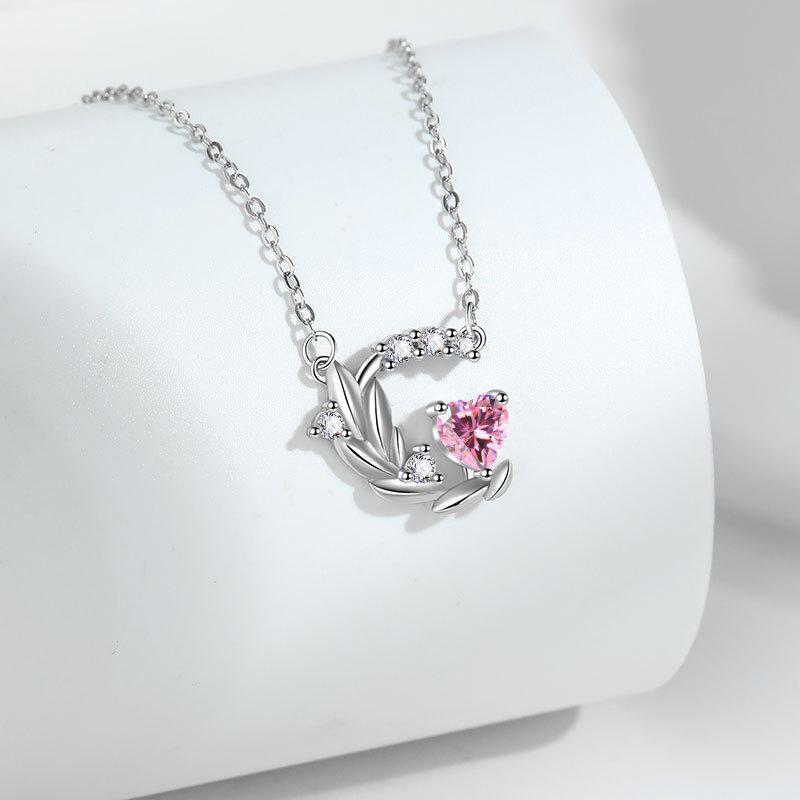 S925 Sterling Silver Wheat Love Necklace Fashionable All-Match Pink Zircon Clavicle Chain Ins Style Moon Flower Pendant