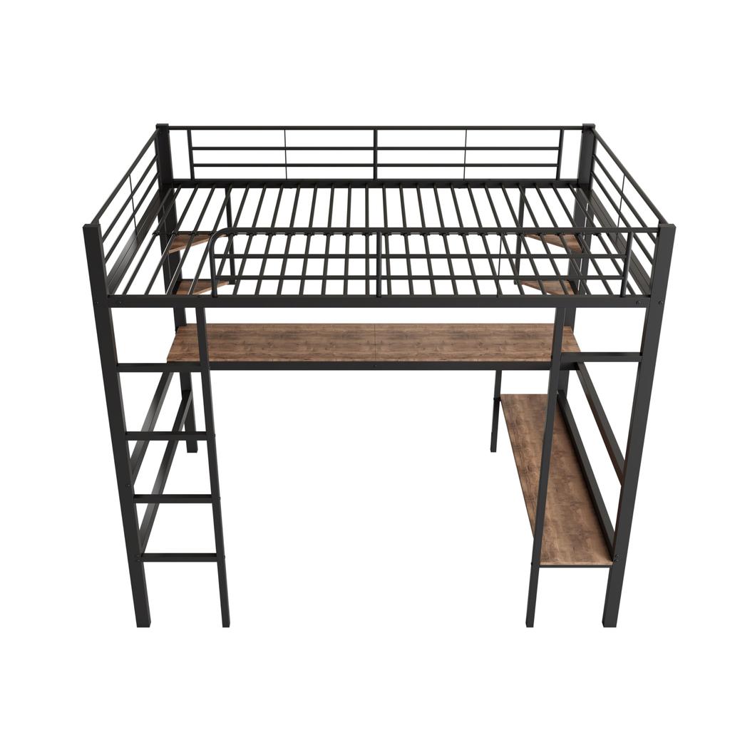 Bunk Bed 90x200 Cm Black, Iron Bed Desk, 4 Small Shelves, Large Bookcase, Safety Ladder, for Children's Room/adults