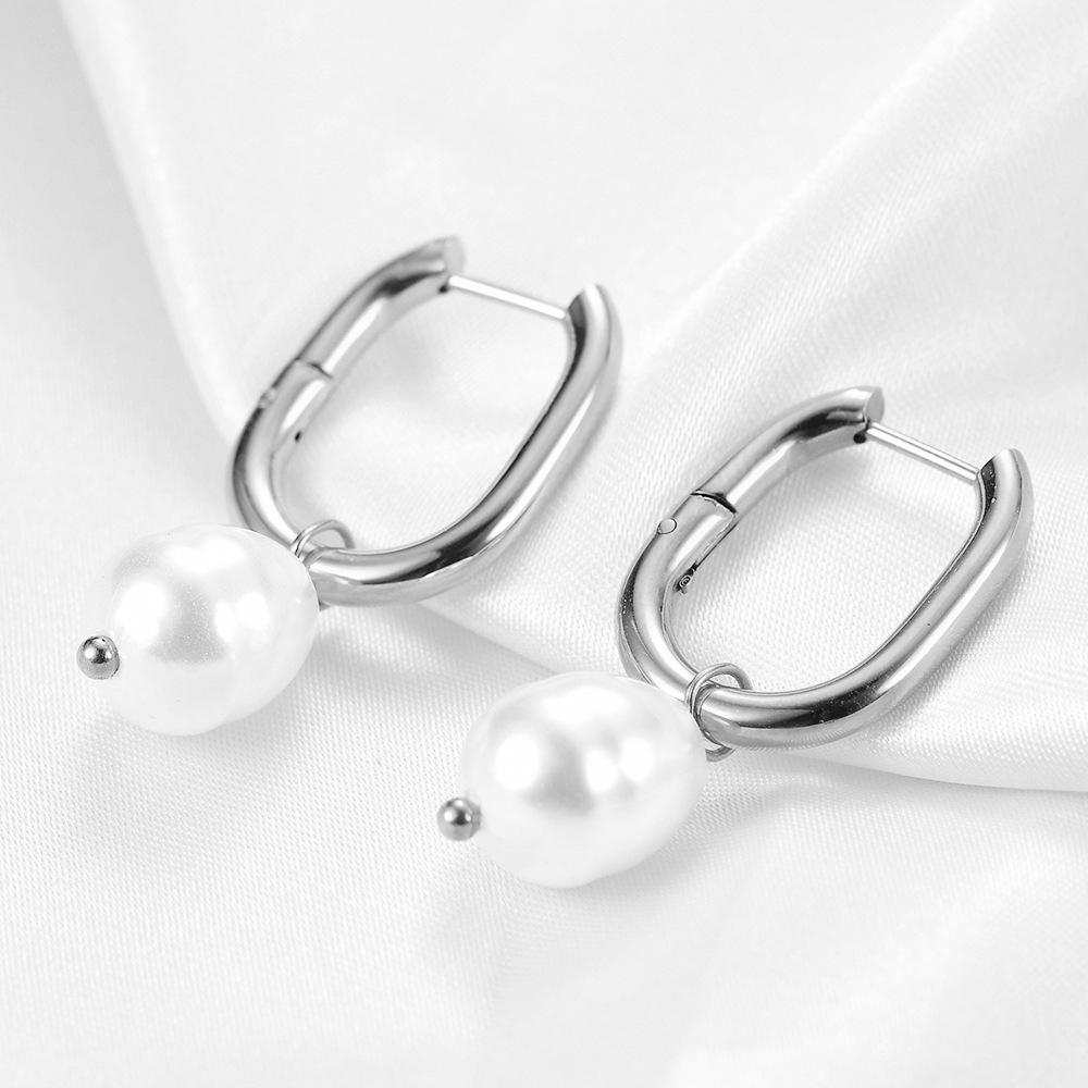 Elegant U-Shaped 11MM Imitation Pearl Hollow Earrings with Pendant Backs for Women стальной