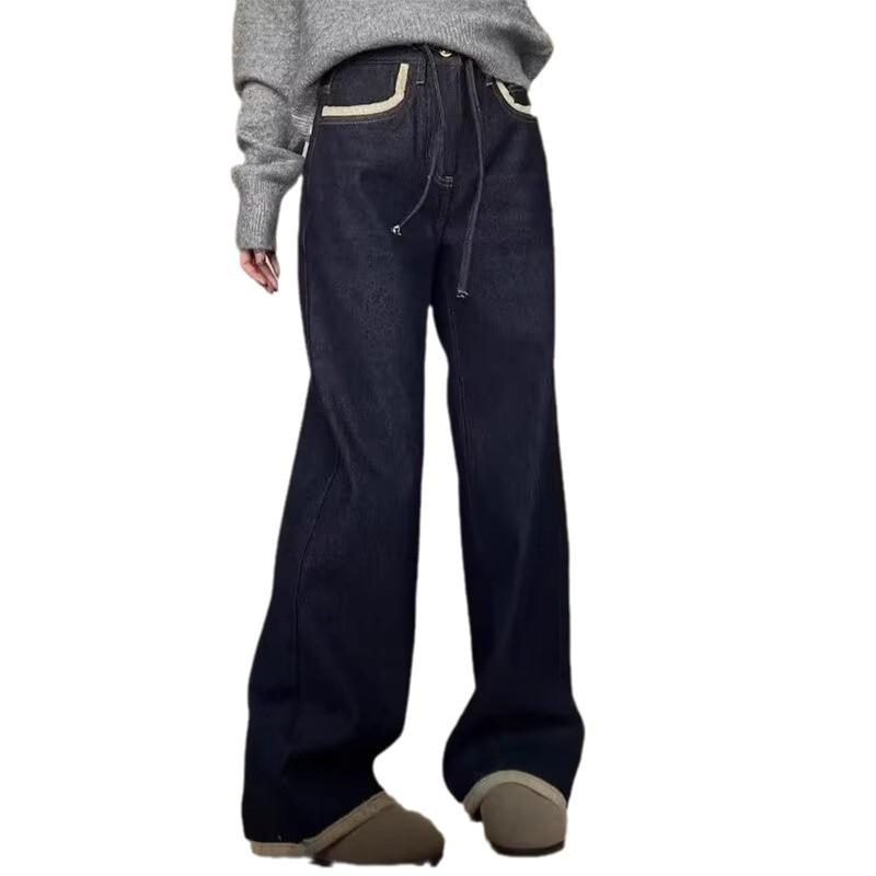 Women's Retro Dark Blue Fleece-Lined Wide-Leg Jeans - Cozy, Loose Design for Autumn/Winter