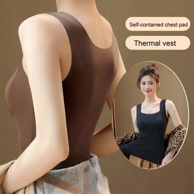 Winter Women Thermal Base Layer Vest with Built-in Chest Pads Seamless Velvet Fast Temperature Lock Heating Elastic Sleeveless Inner Wear Bottoming