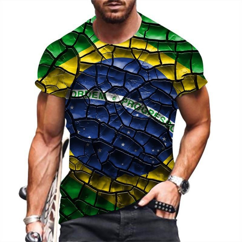 Summer Round Neck 3D Brazilian Flag Football Jersey Print Top Fashionable Casual Short Sleeved Men's T-shirts